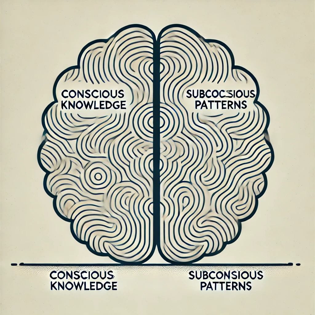 Ilustración que muestra la diferencia entre conocimiento consciente y patrones subconscientes en el cambio de conducta.
