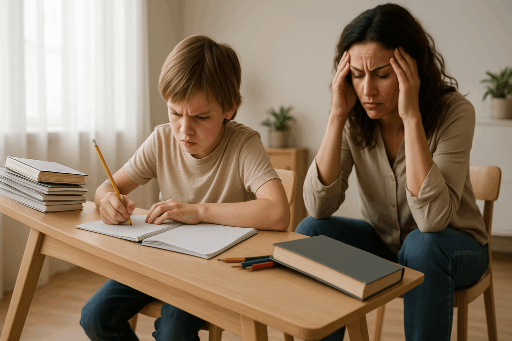 Madre e hijo haciendo los deberes en una mesa en desequilibrio. Ese desequilibrio acaba rápidamente con la paciencia y la motivación e impide el aprendizaje.