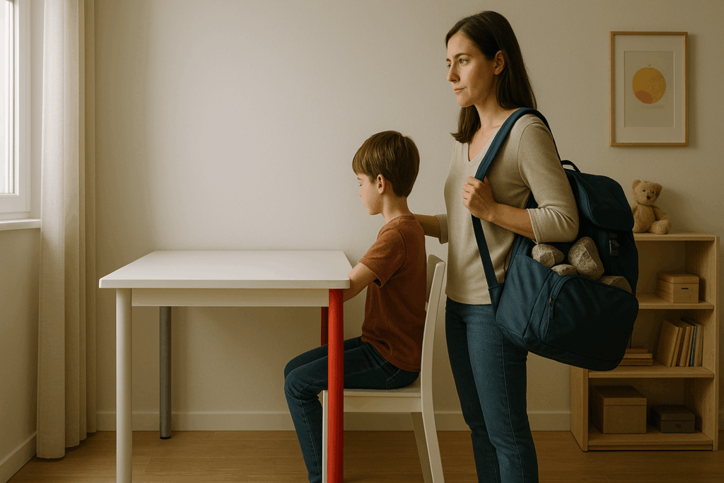 Una madre carga una mochila llena de piedras. Está de pie al lado de la mesa de estudio de su hijo.