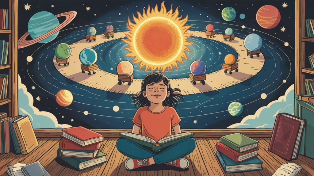 Ilustración de niña imaginando el sistema solar como un mercado. Así puedes motivar a tu hijo para estudiar con interés.