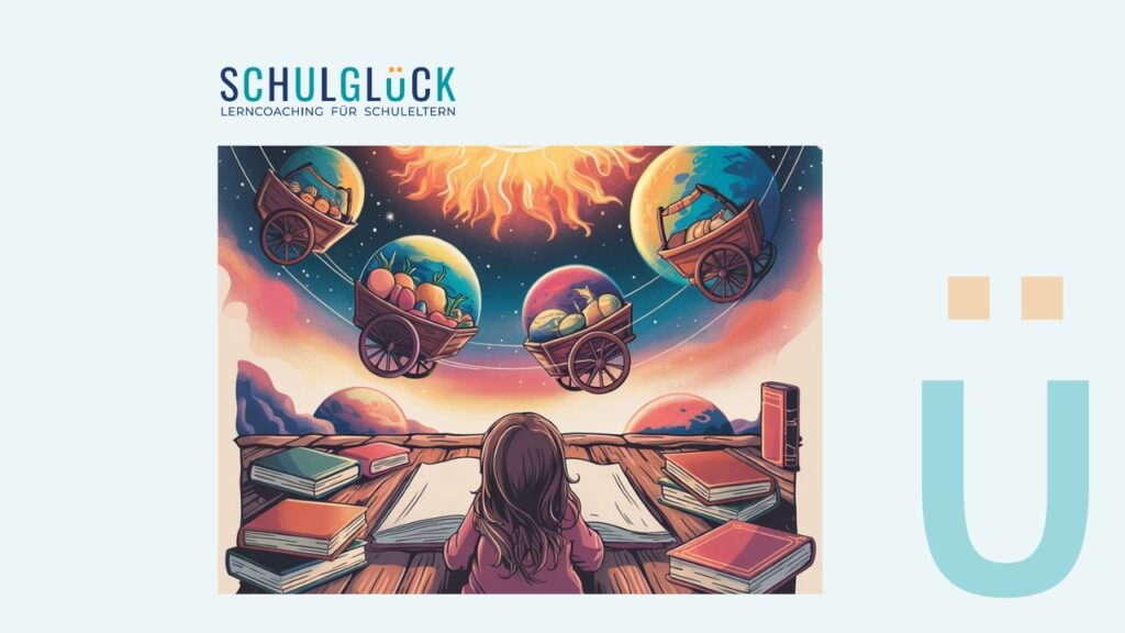 Ilustración de una niña frente a un libro abierto mientras imagina mundos y objetos flotando en el cielo, simbolizando el poder de las historias para aprender.