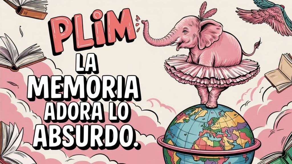 Ilustración de un elefante rosa con tutú haciendo equilibrio sobre un globo terráqueo. Lo absurdo ayuda a motivar a tu hijo a estudiar con interés y no por obligación.