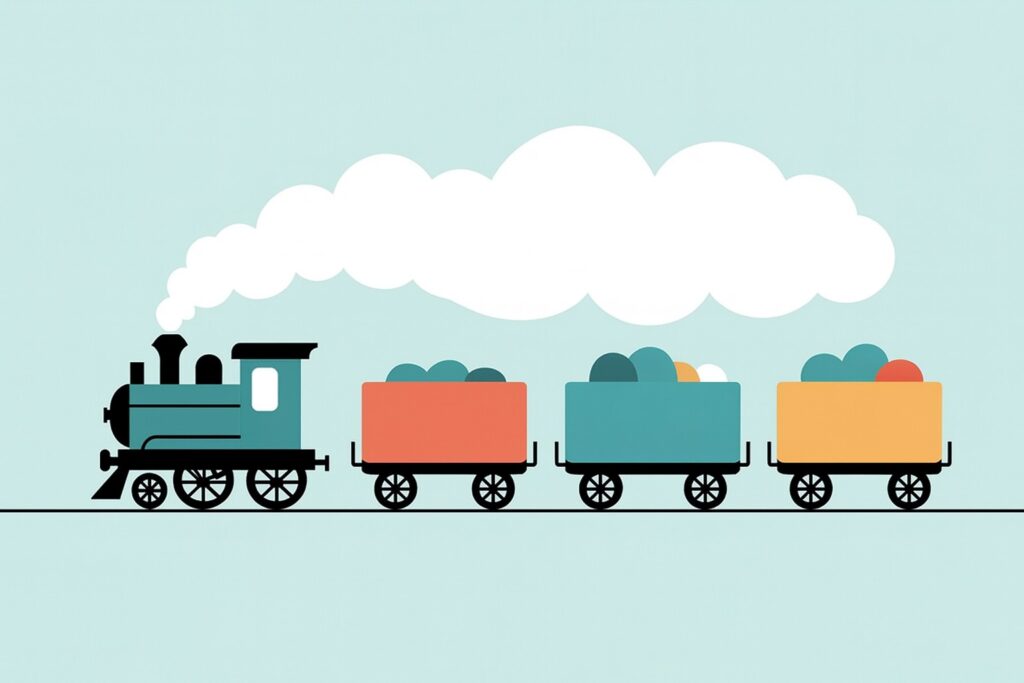 Ilustración de un tren que representa el proceso mental: una locomotora como primera idea seguida de vagones que simbolizan las asociaciones que surgen al pensar.