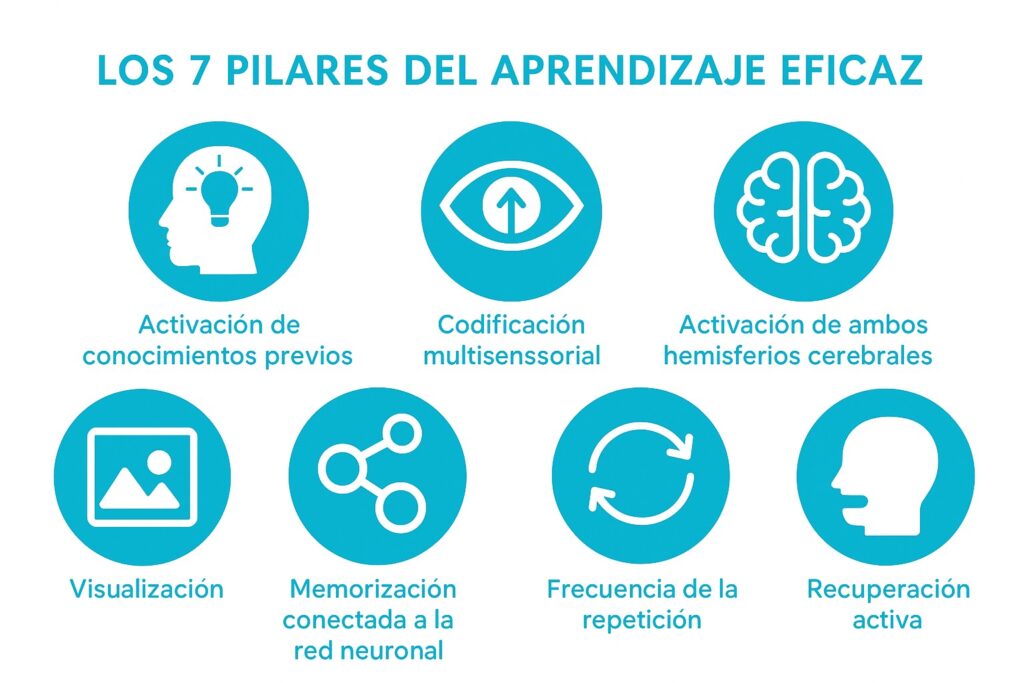 Infografía en turquesa con siete iconos que representan los pilares del aprendizaje eficaz: activación de conocimientos previos, codificación multisensorial, activación de ambos hemisferios, visualización, red neuronal, frecuencia de la repetición y recuperación activa.