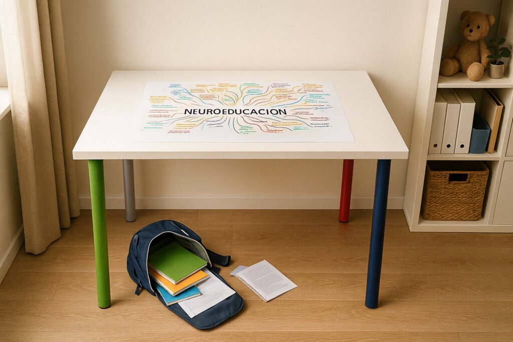 Imagen generada con IA de una mesa de estudio con cuatro patas de diferentes colores y un mapa mental sobre neuroeducación, simbolizando la base de la neurociencia aplicada al aprendizaje.