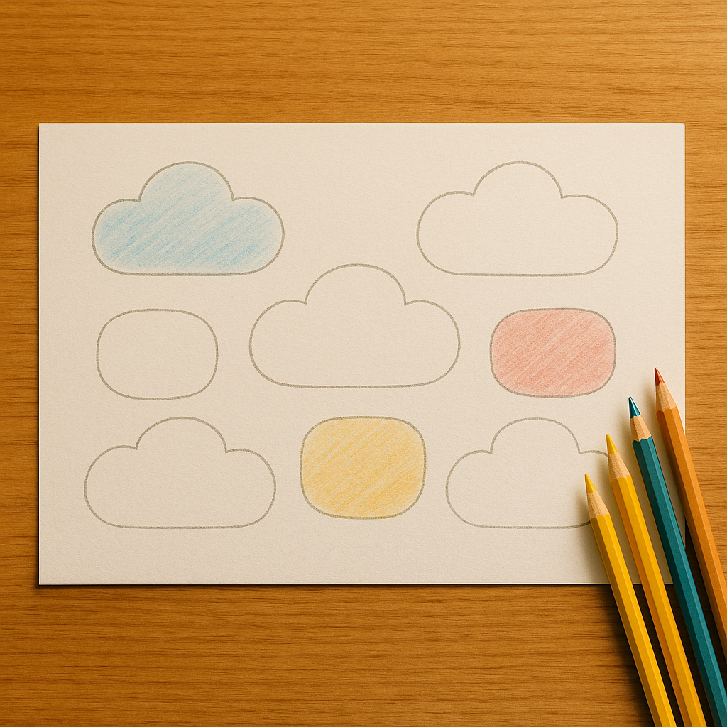 Hoja con tareas escolares representadas mediante formas visuales coloreadas, utilizada para planificar los deberes de Navidad de forma clara y motivadora.